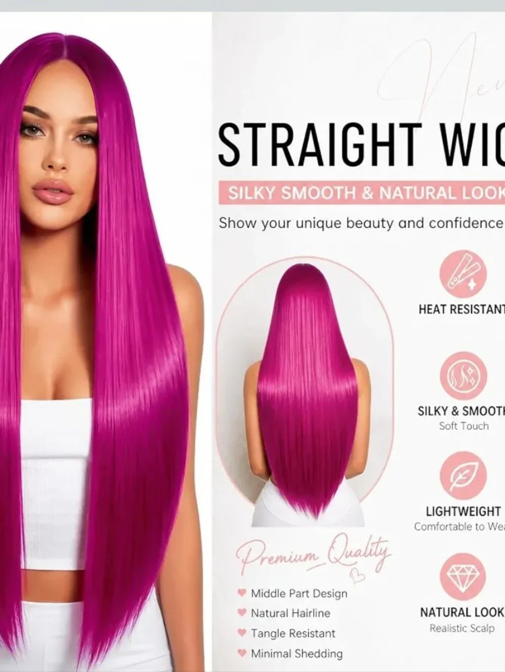 Vibrant Magenta Straight Wig - Heat Resistant Women’s Hair